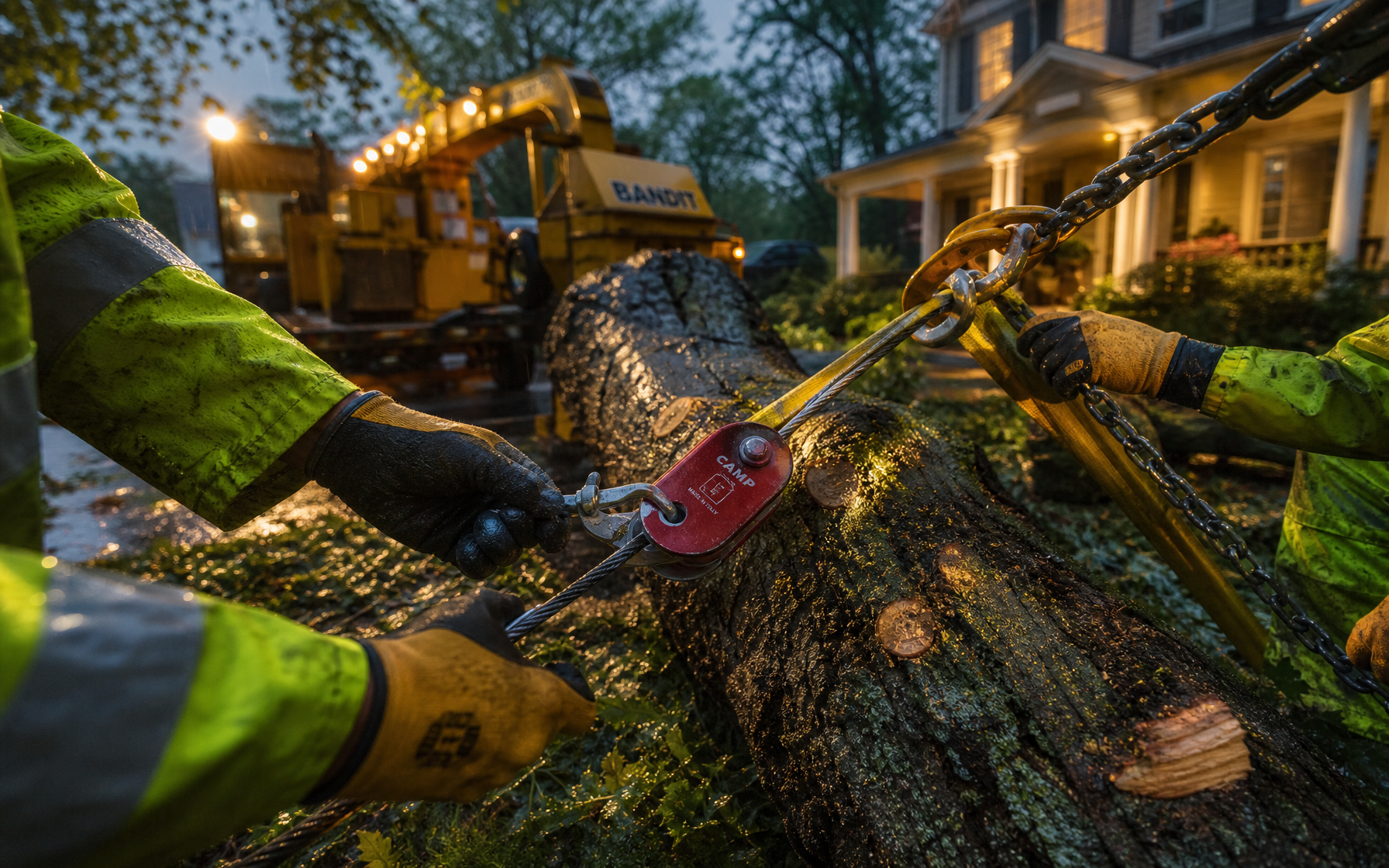 Crew in safety gear cleaning up storm-damaged trees in a residential neighborhood